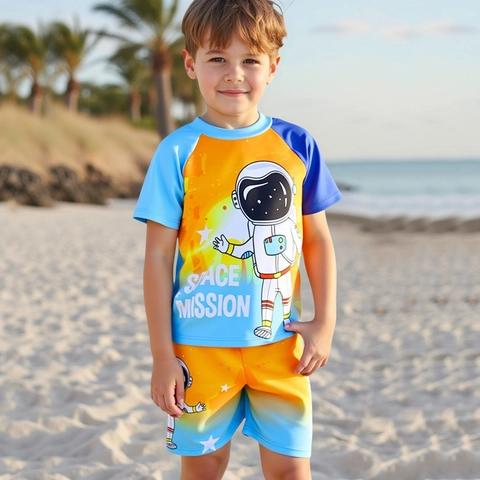 Kids Boys Split Swimwear Top Pants And Cap Astronaut Space Mission Print Quick Dry Rash Guard Sun Protection Beach Suit