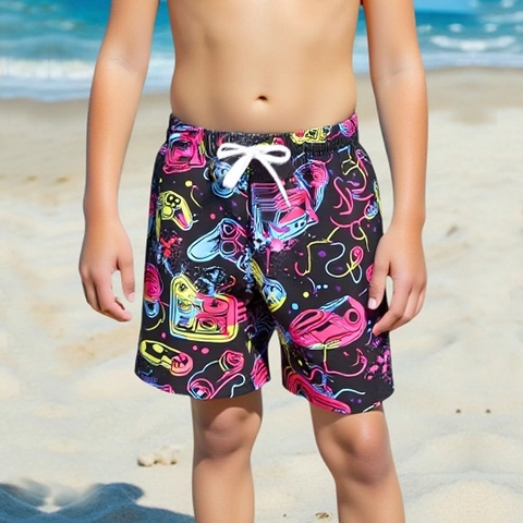 Boys Neon Video Game Print Beach Shorts Quick Dry Polyester Swim Trunks With Drawstring Casual Kids Summer Sportswear