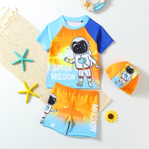 Kids Boys Split Swimwear Top Pants And Cap Astronaut Space Mission Print Quick Dry Rash Guard Sun Protection Beach Suit