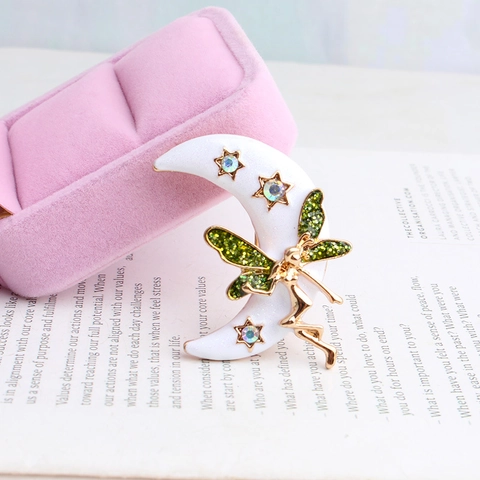 Creative Moon Fairy Elf Alloy Enamel Brooch With Rhinestone Star Gold White Green Wings Aesthetic Jewelry Pin Gift For Women