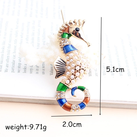 Vintage Alloy Seahorse Brooch Pin With Multicolor Enamel Imitation Pearl Rhinestone Embellishment Apparel Accessories Jewelry Gift