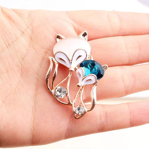 Double Fox Brooch Zinc Alloy Crystal Faux Cat's Eye Stone Rhinestone Enamel Pink Blue Animal Brooch Pin Jewelry Gift