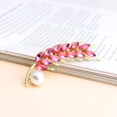 Elegant Wheat Ear Brooch For Women Gold Plated Alloy With Crystal Rhinestone And Pearl Leaf Lapel Pin Fashion Jewelry Accessories