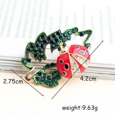Vintage Ladybug On Leaf Brooch For Women Zinc Alloy Green Rhinestone Red Enamel Pin Cute Animal Jewelry Gift For Party