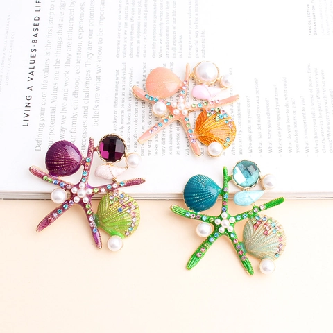 Starfish Shell Marine Enamel Brooch Alloy Rhinestone Faux Artificial Pearl Pin Fashion Jewelry For Women Banquet Party Accessories