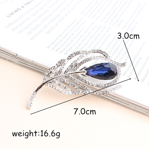 Elegant Feather Brooch For Women Zinc Alloy Rhinestone Inlaid Blue Pear Cut Crystal Leaf Pin For Wedding Party Dress Accessories