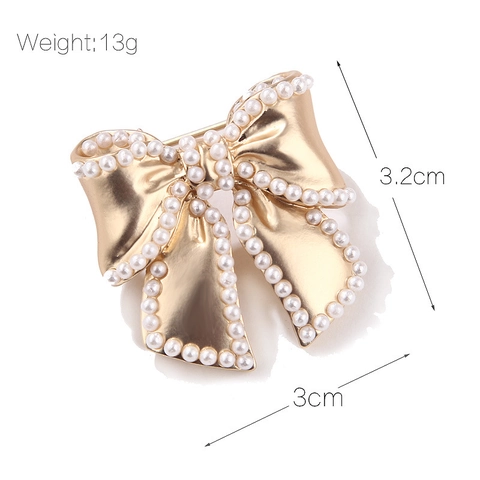 Elegant Alloy Bowknot Brooch With Faux Artificial Pearl Inlaid Vintage Gold Plated Bow Pin For Women Fashion Clothing Accessories