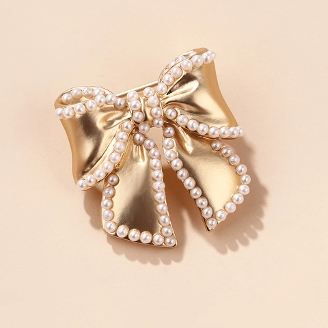 Elegant Alloy Bowknot Brooch With Faux Artificial Pearl Inlaid Vintage Gold Plated Bow Pin For Women Fashion Clothing Accessories