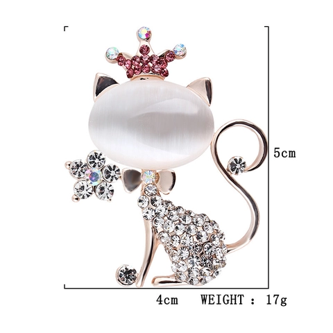 Cute Alloy Cat Brooch With White Opal And Pink Rhinestone Crown Flower Pin For Women Daily Wedding Party Jewelry Gift