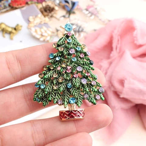 Vintage Christmas Tree Brooch Rhinestone Inlaid Enamel Pin Festive Jewelry For Women Men New Year Gift Accessories