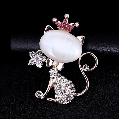 Cute Alloy Cat Brooch With White Opal And Pink Rhinestone Crown Flower Pin For Women Daily Wedding Party Jewelry Gift
