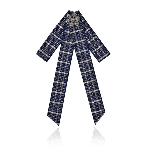 Broche Nœud en Ruban à Carreaux Vintage Alliage de Zinc Fleur en Strass Accessoire de Cou pour Femmes Hommes Style Preppy Élégant