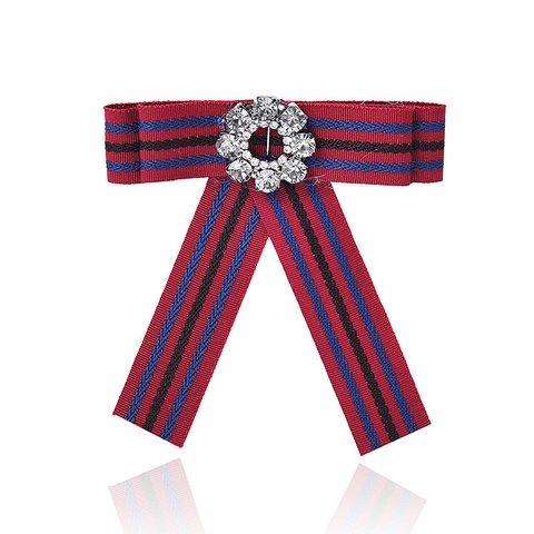 Elegant Ribbon Bow Brooch With Rhinestone Flower Cluster Preppy Striped Alloy Bowknot Pin For Women Shirt Accessories
