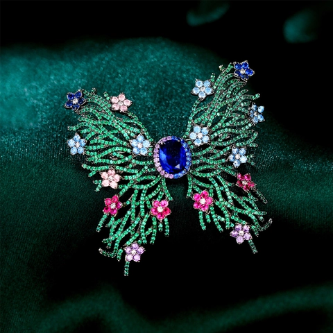 Luxury Butterfly Brooch For Women Gold Plated Copper Multi Color Zirconia Floral Rhinestone Pin For Suit Coat Banquet Jewelry