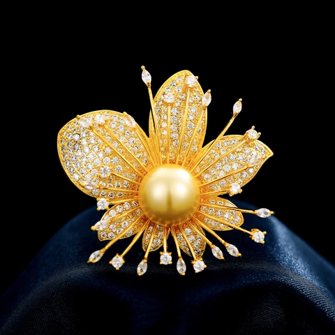 Fashion Orchid Flower Brooch For Women Real Gold Plated Copper Micro Paved Zirconia Shell Artificial Pearl Brooch Pin For Suit Jewelry
