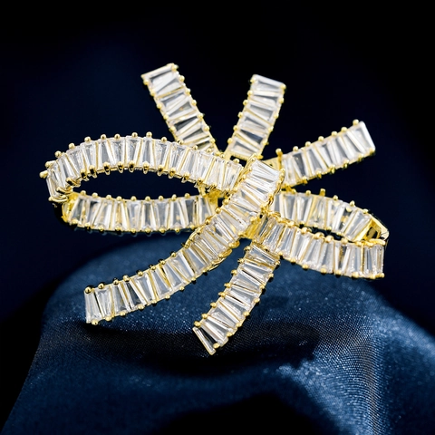 Elegant Bow Knot Brooch For Women Luxury Baguette Cut Zirconia Inlaid Copper Gold Silver Plated Suit Corset Pin Jewelry
