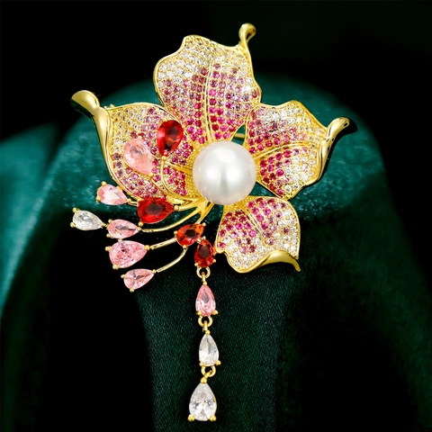 Elegant Copper Gold Plated Flower Tassel Brooch With Colorful Zirconia And Shell Pearl For Women Suit Coat Accessory