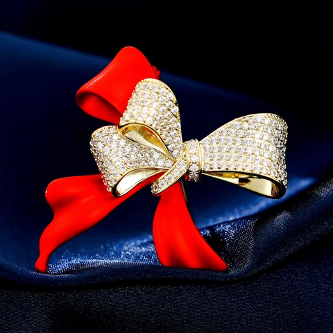 Elegante Rote Emaille Schleife Brosche Für Damen Vergoldetes Kupfer Mikro-Pflaster Zirkon Pins Mode Hochzeit Bankett Schmuck Geschenk