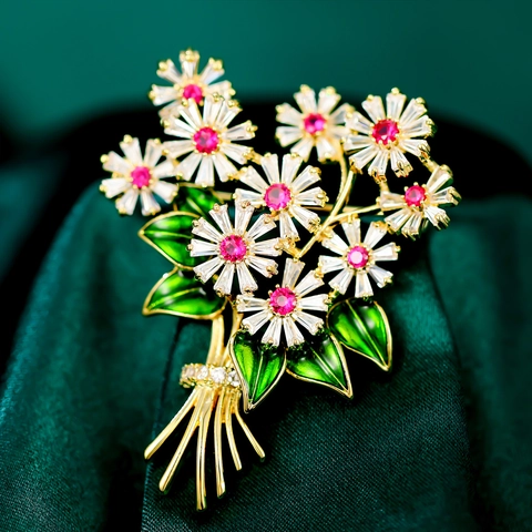 Elegant Real Gold Plated Copper Flower Bouquet Zirconia Brooch With Enamel Leaves Rhinestone Jewelry Gift For Women