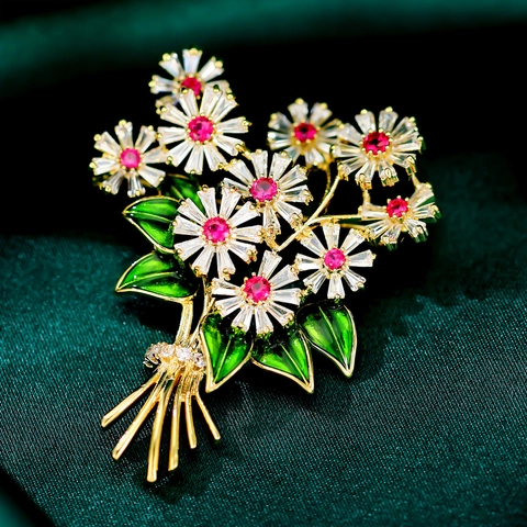 Elegant Real Gold Plated Copper Flower Bouquet Zirconia Brooch With Enamel Leaves Rhinestone Jewelry Gift For Women