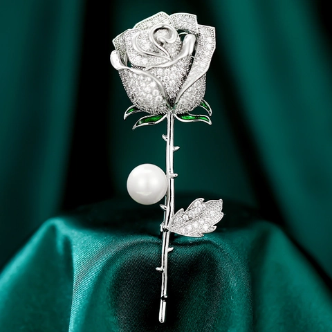 Elegant High-End Rose Flower Brooch For Women Gold Silver Plated Copper Cubic Zirconia Shell Pearl Pin Suit Accessories