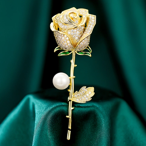Elegant High-End Rose Flower Brooch For Women Gold Silver Plated Copper Cubic Zirconia Shell Pearl Pin Suit Accessories