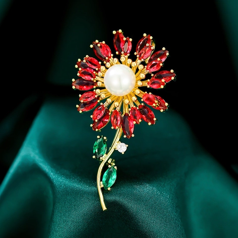Vintage Gold Plated Copper Sunflower Brooch With Red Zirconia And White Shell Pearl Floral Pin Jewelry For Women Wedding Gift