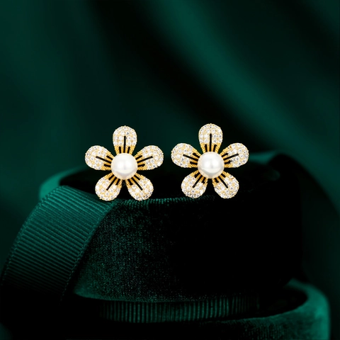 Elegant Copper Gold Plated Flower Jewelry Necklace And Stud Earrings Zirconia White Artificial Pearl Women Wedding Party Accessory
