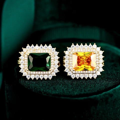 Vintage Rectangle Zirconia Brooch Luxury Copper Gold Plated Emerald Cut Yellow Green Brooch For Women Suit Dress Accessories