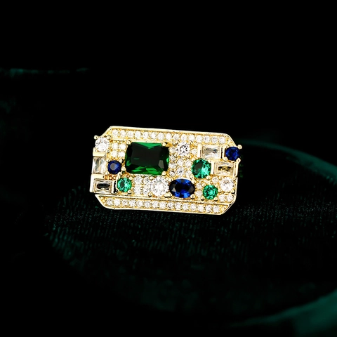 Vintage Rectangular Copper Brooch Pin With Green Emerald Blue Synthetic Zircon Rhinestone Gold Plated For Women Wedding Jewelry