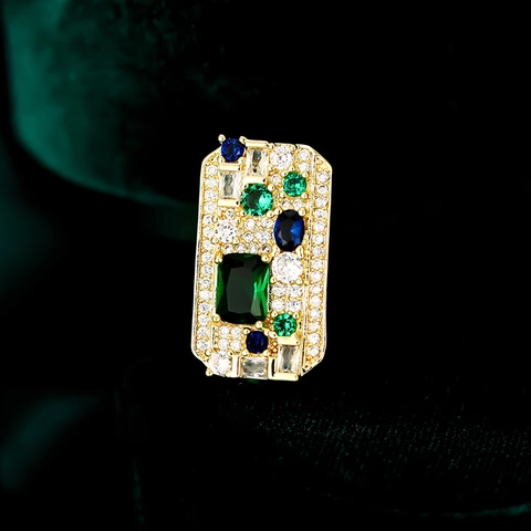 Vintage Rectangular Copper Brooch Pin With Green Emerald Blue Synthetic Zircon Rhinestone Gold Plated For Women Wedding Jewelry
