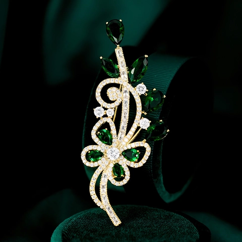 Vintage Vergoldete Kupfer Smaragdgrün Zirkonia Reben Brosche Für Damen Elegante Blatt Blume Kristall Strass Corsage