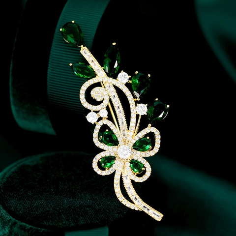 Vintage Vergoldete Kupfer Smaragdgrün Zirkonia Reben Brosche Für Damen Elegante Blatt Blume Kristall Strass Corsage