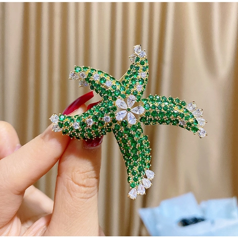 Broche de Estrella de Mar de Cobre Chapado en Oro con Circonita para Mujer Joyería de Lujo Animal Marino Regalo de Fiesta