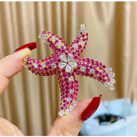 Broche de Estrella de Mar de Cobre Chapado en Oro con Circonita para Mujer Joyería de Lujo Animal Marino Regalo de Fiesta