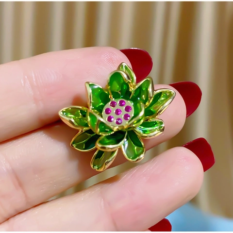 Spilla Vintage in Smalto con Fiore di Loto per Donna Verde Smeraldo Zirconia Stile Cinese Accessorio per Qipao Hanfu Gioielli Regalo