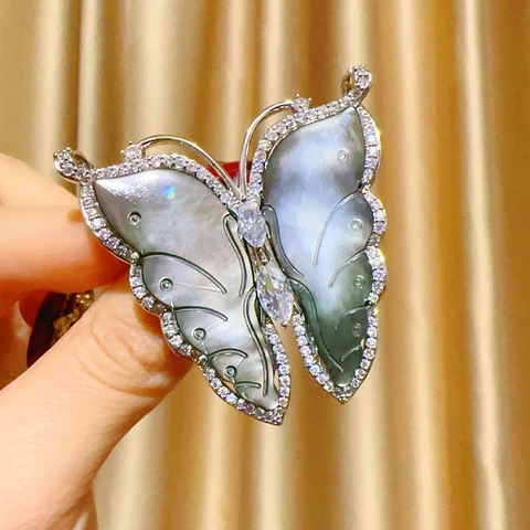 Broche de Mariposa de Nácar Natural Vintage de Corte Cobre Zirconia Incrustada Elegante Broche para Mujer Boda