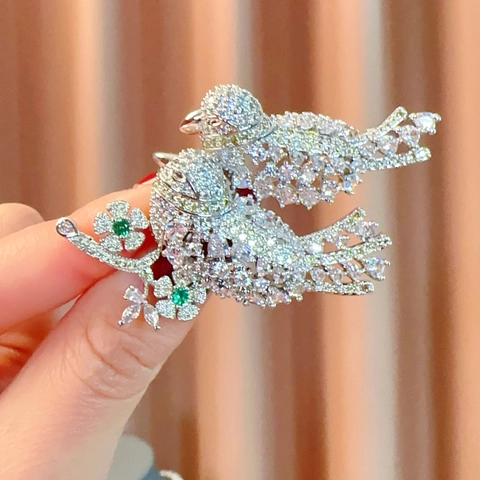 Broche de Cobre Circonita Vintage con Doble Aves del Amor para Mujer Exquisito Ramo de Flores Aves Corsage Joyería Regalo