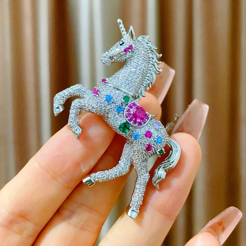 Vintage Palace Style Copper Unicorn Brooch Pin With Colorful Cubic Zirconia Rhinestone Mythical Horse Animal Jewelry For Women