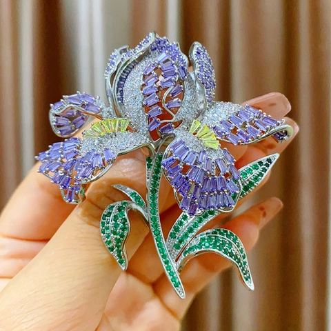 Lussuosa Spilla a Forma di Iris Viola per Donna in Lega Argentata con Zirconia Cubica Gioielli Eleganti Vintage a Fiori