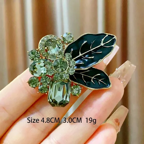 Vintage Copper Double Leaf Enamel Flower Brooch Luxurious Synthetic Crystal Rhinestone Corsage For Women Party Jewelry