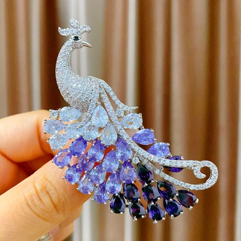 Gradient Purple Peacock Brooch Pendant Dual-Use Inlaid Copper Zirconia Animal Corsage For Women Vintage Elegant Jewelry Accessory