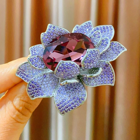 Lussuosa Spilla in Rame a Forma di Loto Viola Con Zirconia Luccicante Elegante Spilla da Giacca Stile Coreano per Matrimonio Festa Gioielli Donna