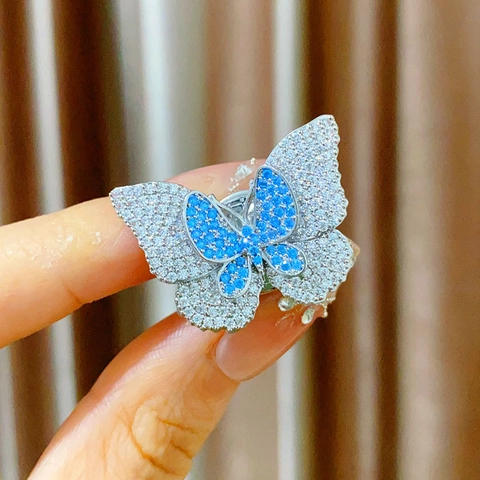 Vintage Kupfer Schmetterling Magnetbrosche Mikro-Zirkonia Blau Weiß Doppelreihige Magnetschnalle Für Damen Schmuck Geschenk