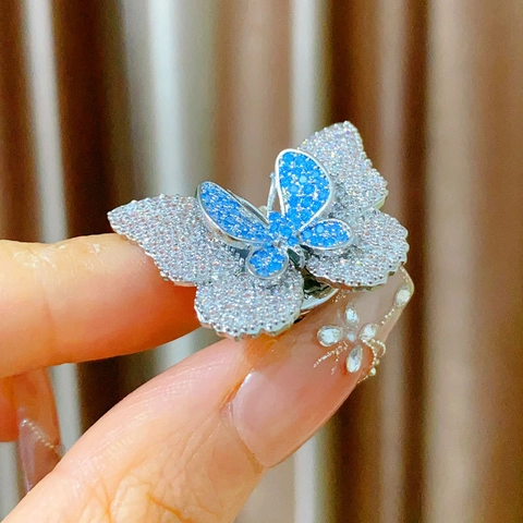 Vintage Kupfer Schmetterling Magnetbrosche Mikro-Zirkonia Blau Weiß Doppelreihige Magnetschnalle Für Damen Schmuck Geschenk
