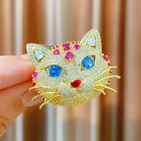 Lussuosa Spilla a Testa di Gatto in Zircone per Donna Rame Placcato Oro Spilla a Forma di Animale Elegante Accessorio Decorativo per Abiti e Cappotti