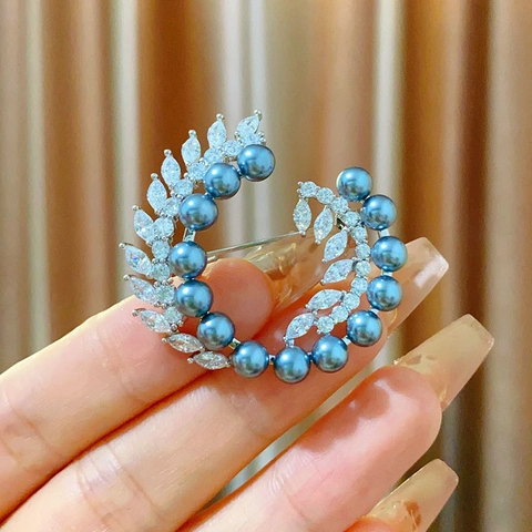 Vintage Kupfer Weizenkranz Brosche Mit Tiefblauen Künstliche Perlen Transparenten Marquise Zirkonia Eleganter Corsage Für Hochzeiten Damen Schmuck