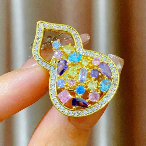 Elegant Copper Gourd Brooch With Multi-color Zirconia Inlaid Gold Plated Suit Pin For Women Decorative Fashion Jewelry