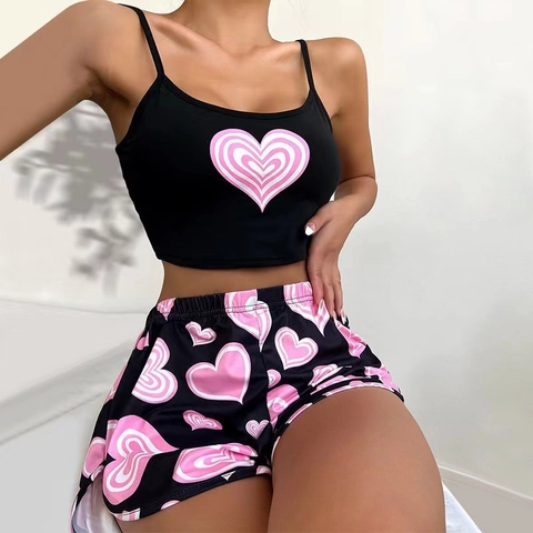 Women's Sexy Pajama Set Pink Heart Print Spaghetti Strap Cami And Shorts Soft Polyester Loungewear Home Sleepwear