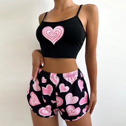 Women's Sexy Pajama Set Pink Heart Print Spaghetti Strap Cami And Shorts Soft Polyester Loungewear Home Sleepwear